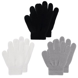 Fadcaer 3 Pairs Winter Kids Gloves Girls Boys Gloves Stretchy Warm Childrens Gloves Knit Full Fingers Warm Gloves for Boys Girls 4-8 Years Riding Cycling Bike Outdoors Sports (Black white grey set)