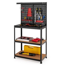 S AFSTAR 31.5 x 16 Inches Workbench, Wood Garage Workbench w/Peg Board & 2 Lower Shelves, 14 Hanging Accessories, 220 lbs Load Capacity, Heavy-Duty Steel Work Bench for Garage Workshop Warehouse