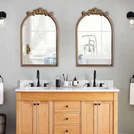 BAODANFU Baroque Arched Vanity Mirror for Narrow Bathroom, 20" X 30" Antique Gold Ornate Beaded Frame Decorative Accent Wall Mirrors for Washroom, Entryway, Living Room, Bedroom