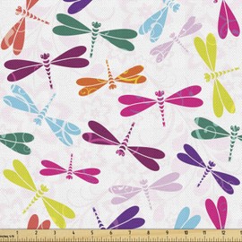 Ambesonne Dragonfly Fabric by The Yard, Playroom Birthday Bunch of Winged Animals Floral Pattern, Decorative Fabric for Upholstery and Home Accents, 2 Yards, Magenta Green