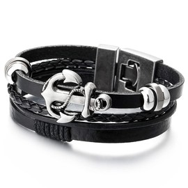 COOLSTEELANDBEYOND Men Women Marine Anchor Sailing Rope Black Braided Leather Bracelet Three-Row Leather Wristband Wrap(CA)