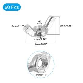 sourcing map M3x0.5mm Wing Nut 60 Pcs, 304 Stainless Steel Butterfly Wing Nuts Fasteners Parts Hand Twist Tighten Wing Nuts for Machinery Electronic Equipment DIY, Silver