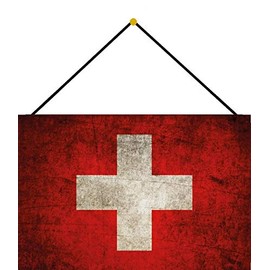 Tin Sign 20 x 30 cm Curved with Cord Switzerland Flag Vintage Retro Decorative Gift Sign