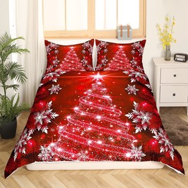Loussiesd Girls Christmas Tree Duvet Cover Red Xmas Theme Bedding Set Chic Winter Snowflake Comforter Cover for Girls Daughter Bedroom Decor Girly Glitter Bedspread Cover Single Size 2Pcs