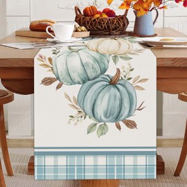 Bonhause - Camino de mesa de calabazas azules otoñales, hojas de eucalipto, 13 x 90 pulgadas, diseño a cuadros de búfalo para otoño, Acción de Gracias, cocina, comedor, decoración para interiores y