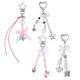 4 Pcs Cute Keychain, Y2K Aesthetic Cute Keychains Accessories Pretty Butterfly Star Heart Strawberry Bow Keyring 4 Styles Y2K Keychains for Phone Bag Keys Camera Backpacks Pendants Decor Women Gifts