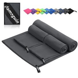 damoguin Set of 3 Microfibre Towels, Large (180 x 80 cm) & 2 Small (80 x 40 cm) Quick-Drying Microfibre Fitness Towels, Sports Towel, Beach Towel, Bath Towel and Travel Towel (Dark Grey)