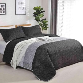 Nanko Quilt Set Queen Full Size 3 Pcs, Grey & Black Gray White Patchwork Stripe Pattern Bedspreads, Soft Lightweight Coverlet Bed Spreads, Modern Thin Quilted Comforter Bedding Set for Women Men 90x90