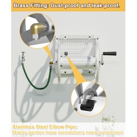 Artigarden Triangle Wall Mounted Garden Hose Reel, Outdoor Heavy-Duty Water Hoses Holder Winder, Holds 125 Ft of 5/8-Inch Hose, with 3.9 ft Leader Hose, Brass Fitting, Storage Basket for Yard, White