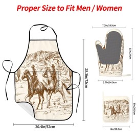 DONMYER Cowboy Oven Mitts and Pot Holders with Apron Set of 5 Silicone Western Desert Cowboy Kitchen Mitts and Non-Slip Potholders Kitchen Apron Set Heat Resistant Oven Gloves Hot Pads for Kitchen BBQ
