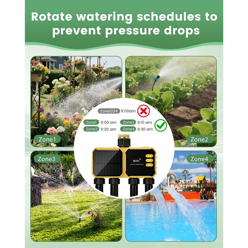 4 Zone Solar WiFi Sprinkler Timer, Smart Water Timer for