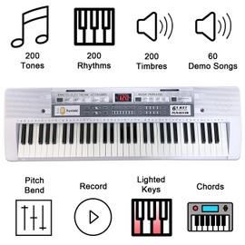 Funtaki 61 Key Electric Piano Keyboard with Lighted Keys, Digital Portable Synthesizer Keyboards with Stand, Mini Music Keyboard Pianos for Beginners Kids Adults, White