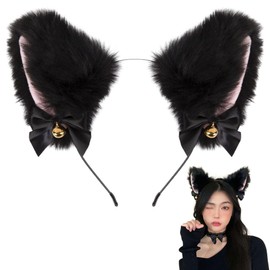[MMOWQEA] 猫耳 カチューシャ コスプレ かわいい リボン 鈴付き ふわふわ ハロウィン 仮装小物 首輪 獣耳 狐耳 ピン メイド から 大人 仮装 コスチューム ネコミミ (ブラック)