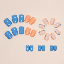 Press on Nails Short Square Blue Orange Fake Nails with Design Flowers Glossy Glue on Nails Cute Artificial Nails Summer Nails Press ons Full Cover Acrylic Stick on Nails for Women Manicure 24Pcs