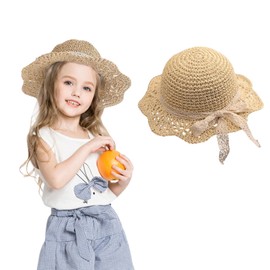 Baby Straw Hat, Girls' Summer Children's Beach Hat with Bow Foldable Sun Hat, beige