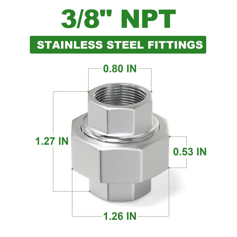 TAISHER 2PCS 304 Stainless Steel Union，3/8" NPT Female Cast Pipe