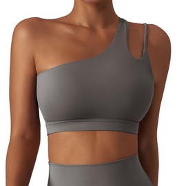 FEOYA Asymmetric Sports Bra Women's Sleeveless Yoga Bra with One Shoulder Padded Push Up Bra One Shoulder Fitness Gym Bra, gray