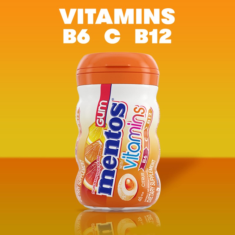 Mentos Gum with Vitamins, Sugar Free Chewing Gum with Xylitol,