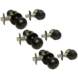 3 Sets Dark Oil Rubbed Bronze Entry Entrance Round Knob with Matching Single Cylinder Deadbolt Combo Pack Keyed Alike