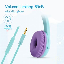 Olyre - Auriculares para niños con micrófono para la escuela, 85 dB, volumen seguro con luz limitada, auriculares para orejas de gato, cable con cable para niños, niñas, viajes, verde/morado