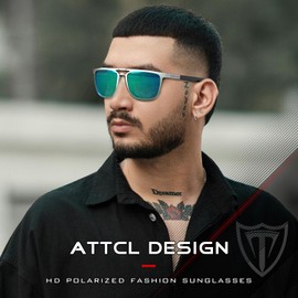 ATTCL Square Polarized Sunglasses Men: UV Protection FibraX Carbon Sunglass for Driving, Fishing, Travel, Mens Shades 8792 Silver-Blue