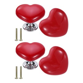 sourcing map 4 Packs Ceramic Drawer Knobs, Heart-Shaped Dresser Pulls, Decorative Drawer Knobs with M4 x 25mm Screw for Cupboard Wardrobe, Red/Silver