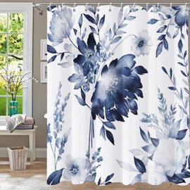YiarTaan YiarTaan Long Shower Curtain,Navy Blue Floral Shower Curtains for Bathroom,Watercolor Flowers Plant Leaf Bath Curtain Sets,Waterproof Fabric Cloth Shower Curtain Sets 72x78in with Hooks