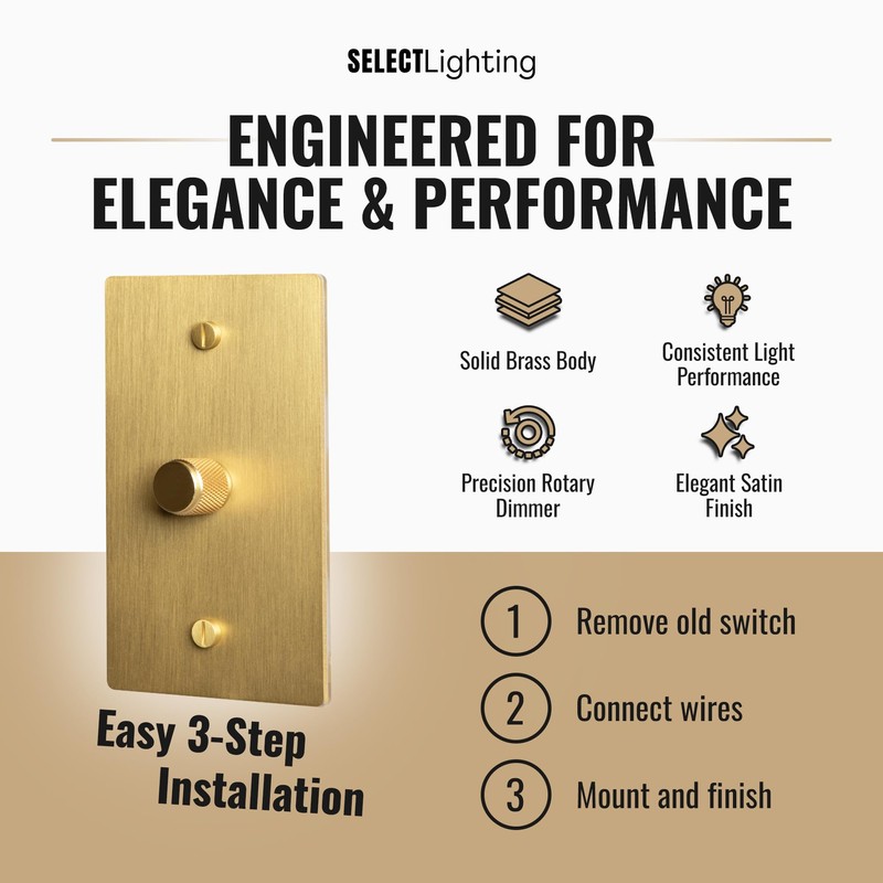SELECT 1‑Gang Solid Brass Rotary Dimmer Switch, Satin Brass Finish,