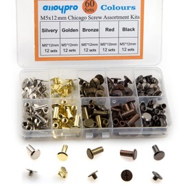 60 Sets Chicago Screws Assorted Kit 5 Color Leather Rivets Screw Rivets Flat Fillister Book Binding Posts Nail Rivet Chicago Bolts for DIY Leather Craft Black Silver Golden Bronze (Colours 5×12mm)