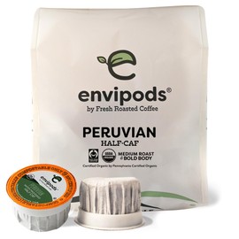 Fresh Roasted Coffee, Organic Peruvian Swiss Water Half-Caf envipods, Fair Trade Kosher, Medium Roast, 12 Count, Compatible With 1.0 & 2.0 K Cup Brewers