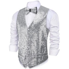 Barry.Wang Mens Silver Sequins Vest Formal/Leisure V-neck Shiny Waistcoat Bowtie Set Prom Party Tuxedo