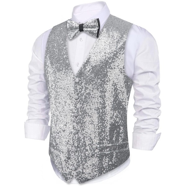 Barry.Wang Mens Silver Sequins Vest Formal/Leisure V-neck Shiny Waistcoat Bowtie