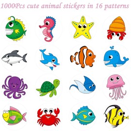 BetterJonny 1000Pcs Animal Stickers - 3.8cm Round Marine Sea Ocean Stickers, 16 Patterns, Motivational Labels for Envelope, Card, Party Decor, Teacher Classroom