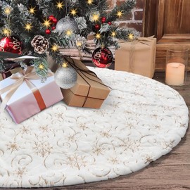 Dremisland Christmas Tree Skirts Large White & Golden Plush Christmas Tree Skirt with Sequins Snowflakes Round Carpet Mat Tree Skirt Christmas Tree Stand for Home Celebration Christmas Tree Decoration