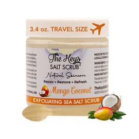 The Keys Salt Scrub -Sea Salt Scrub - Exfoliating Body Scrub with Wooden Spoon - Moisturizing Exfoliator for Hands, Foot, Bath, (Mango Coconut) (3.4 Fl Oz (Pack of 1), Mango Coconut)