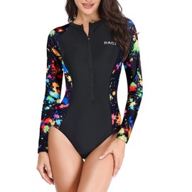 Daci Women Black and Colorful Prints Rash Guard Long Sleeve One Piece Swimsuit Zipper Surfing Bathing Suit UPF 50 M