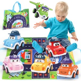 Baby Pull Back Cars for Toddler,Toy Cars for 1 2 3 Years Old Boy Girl,6 Pieces Mini Push and Go Vehicles Friction Power Car Toys with Play Mat and Storage Bag for Kids Children Gift