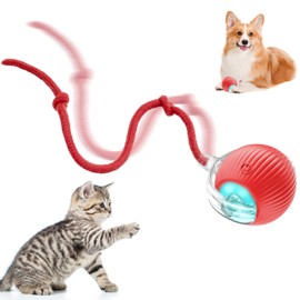 Miavers Interactive Cat Ball Toys,Indoor Moving Cat Toys, Automatic Rolling Toy with Cord, Interesting Rotating Ball Toy for Dogs and Cats (Red)