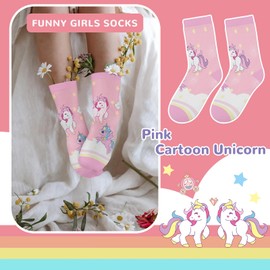 Queenshin Kids Girls Crew Socks Age 5-8 Years Cute Unicorn Rainbow Cartoon Animal Funny Novelty Gifts for Children Breathable Soft 6 Pairs