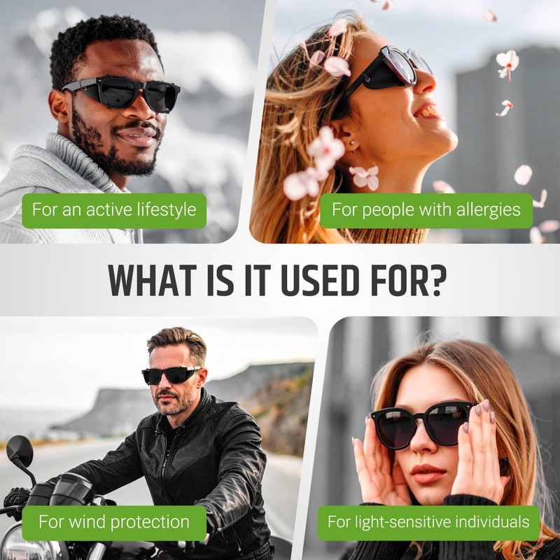 Removable side shields for sunglasses, leather side shields for protect