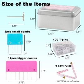 Svartur Crochet Blocking Pin Kit, with 20 Knit Blocking Combs &100 T-Pins and Tin Case, Rainbow Knitting Block Pins for Blocking Mats, Multicolor, White