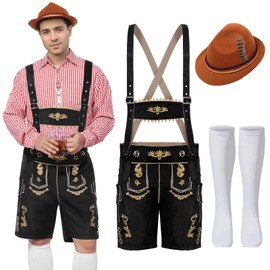 Raveparty Oktoberfest Men's Outfit, Lederhosen Men's Costume Set, German Bavaria Oktoberfest Costume Set with Removable Bib Straps, Knee Socks and Bavarian Felt Hats (Style A, M)