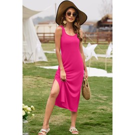 Naggoo Women's Sleevelee Tank Dress Midi Summer Casual Scoop Neck Basic Split Maxi Tshirt Sundresses with Pockets Rose Pink