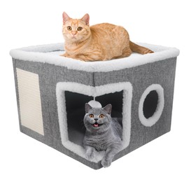 Cat Bed for Indoor Cats, Large Covered Cat Beds Cave with Fluffy Ball and Scratch Pad Foldable Hideaway Nest Condo for Kitten Kitty Pet (Gray, Large)