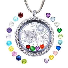 Veeshy Mama Bear Necklace with One 1 Cub Necklace for Women, Diy Living Memory Charms Birthstone Floating Locket Pendant for Mom Mother Mummy Grandma