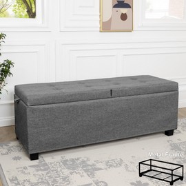 LITZFUR Metal Storage Ottoman, End of Bed Bench, Foot Stool with Legs, Storage Chest Footrest for Bedroom, Entryway, Living Room, 15.7 x 43 x 15.7 Inches, Linen Grey