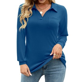 AKEWEI Womens Long Sleeve Polo Shirts V Neck Collared Blouse Business Casual Tunic Tops with Pocket Blue S