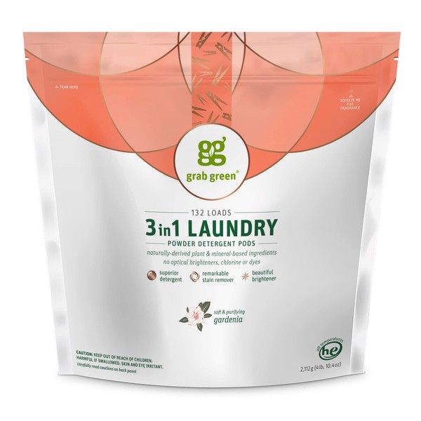Grab Green 3-in-1 Laundry Detergent Pods, 132 Count, Gardenia Scent, Plant and Mineral Based, Superior Cleaning Power, Stain Remover, Brightens Clothes