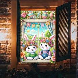 Blissyard Easter Window Decorations Banner Easter Eggs Window Banner Two Rabbits Interior Window Decorations Outdoor Decoration Party Supplies 31x47 Inches