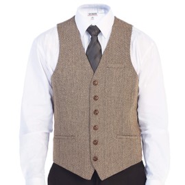 Gioberti Men's 6 Button Formal Herringbone Tweed Vest, Herringbone Khaki, Small